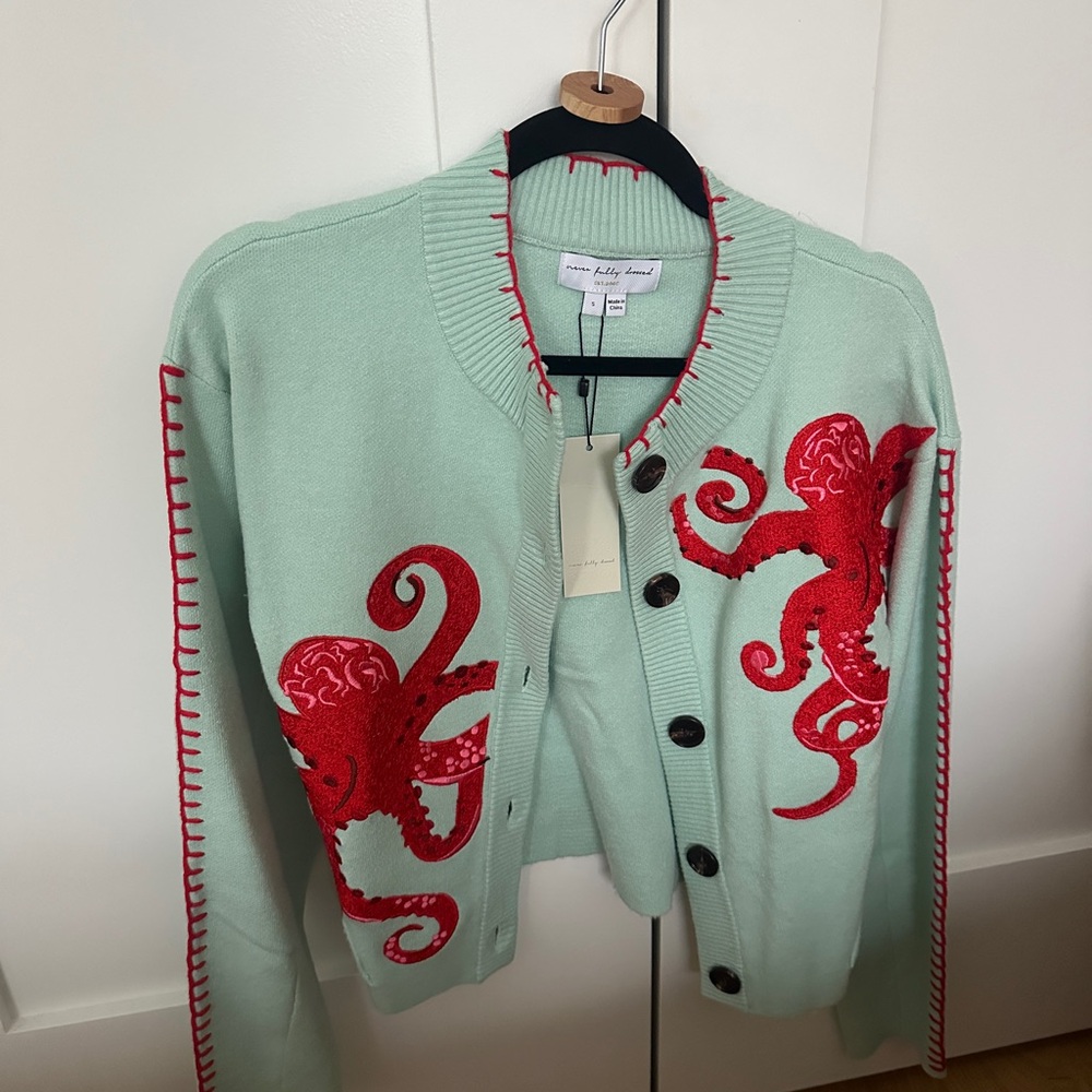 Never Fully Dressed Seafoam Cardigan with Red Octopus Design
